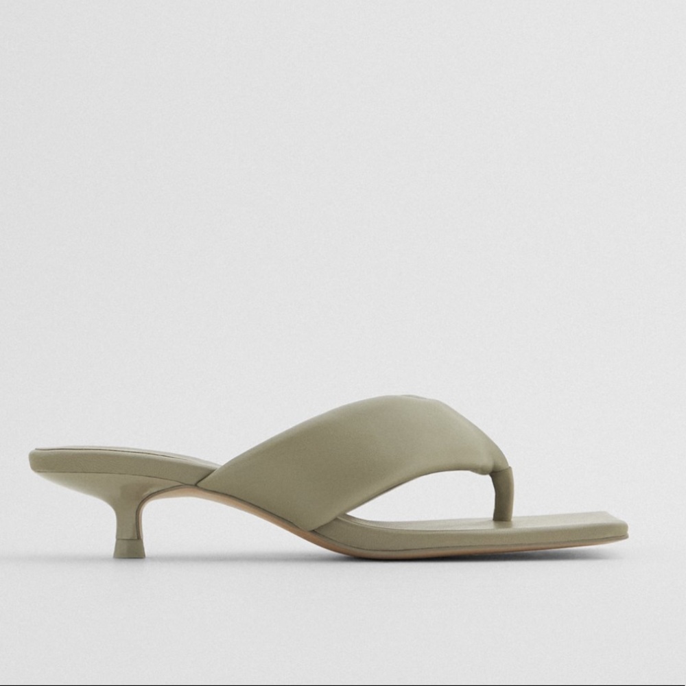 ZARA Quilted Leather Kitten Heels Sandals Green - Picture 1 of 4